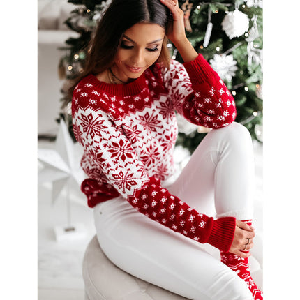 Women Sweater Christmas Snowflake Knitted Long Sleeve O Neck Ladies Jumper Fashion Casual Winter Autumn Printed Pullover Clothes