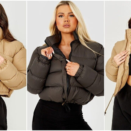 WOMENS LADIES QUILTED WINTER COAT THICK PUFFER PADDED CROP HOODED JACKET PARKA