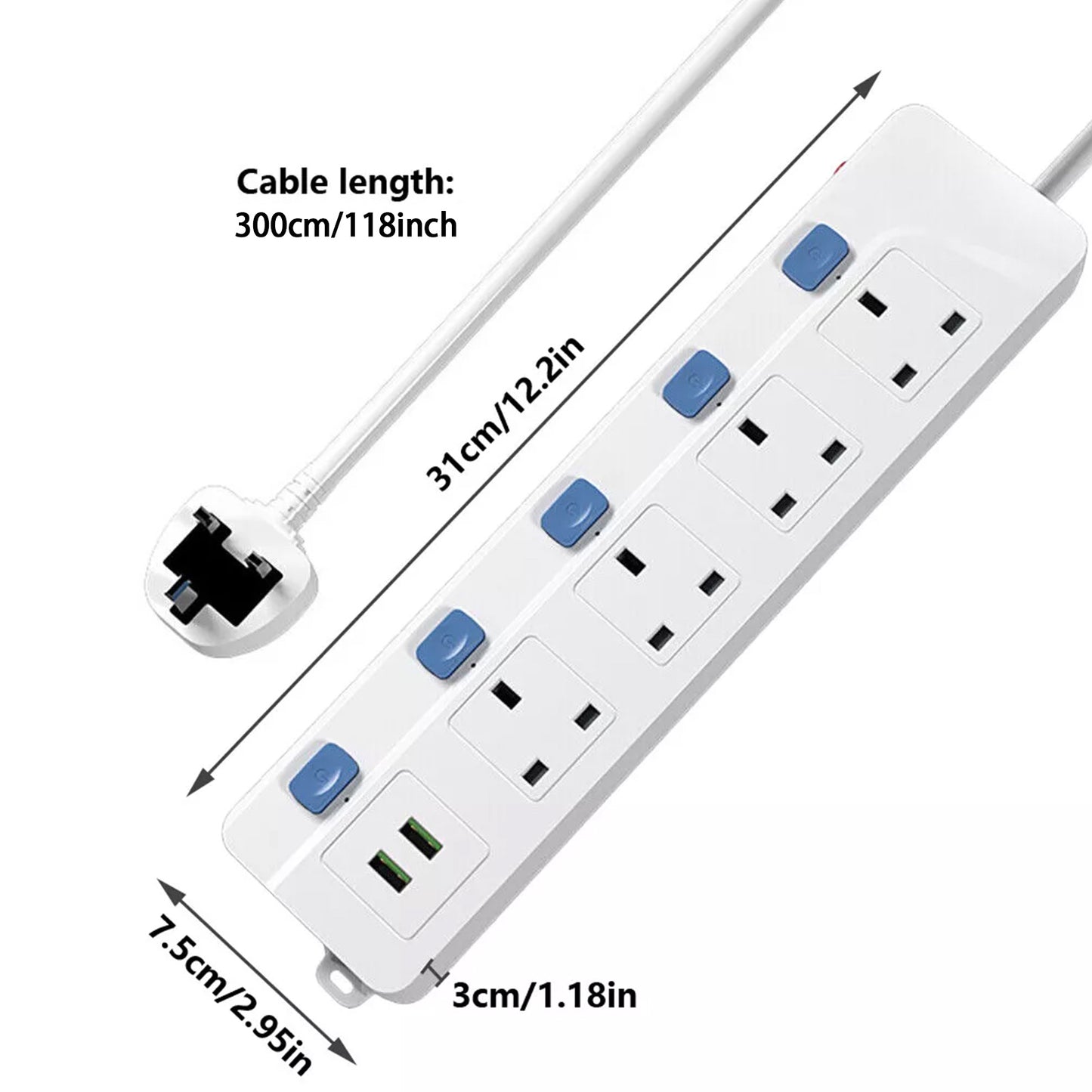 Surge Protected Extension Lead 4 Gang With 2 USB Way Power Cable Plug Sockets