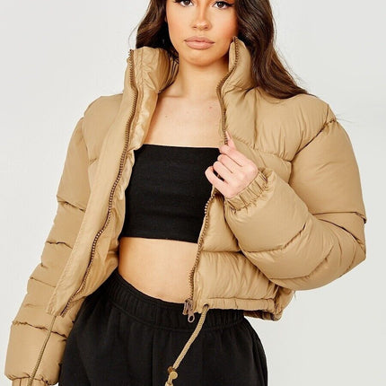 WOMENS LADIES QUILTED WINTER COAT THICK PUFFER PADDED CROP HOODED JACKET PARKA