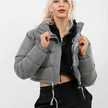 WOMENS LADIES QUILTED WINTER COAT THICK PUFFER PADDED CROP HOODED JACKET PARKA