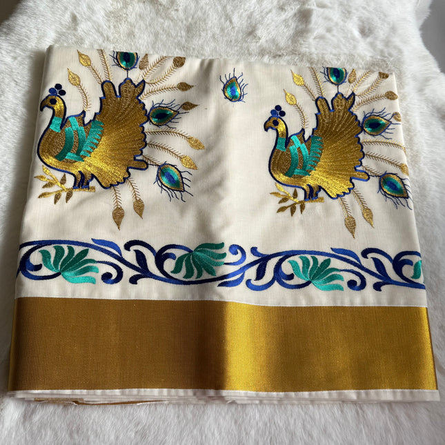 Kerala Cotton  Onam Saree with Golden Peacock Embroidery & Kasavu Border – Traditional Festive Wear S110