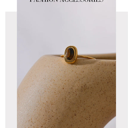 Yhpup Fashion Natural Stone Stainless Steel Oval Thin Chic Ring Women 18K PVD Plated Waterproof Jewelry Accessories 2024 Gift