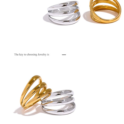 Yhpup Stainless Steel Geometric Hollow Layered Wide Ring Metal Texture Waterproof Daily Simple Stylish Golden Jewelry for Women