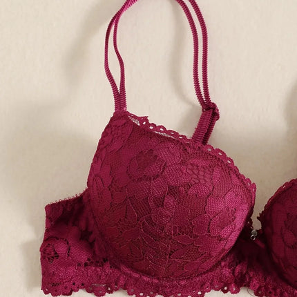 1 Set Elegant Erotic Lace Embroidery Breathable Fabric Lingeries : Push-Up Bra, Low Waist Sheer Panty - Ultimate Valentine's Day