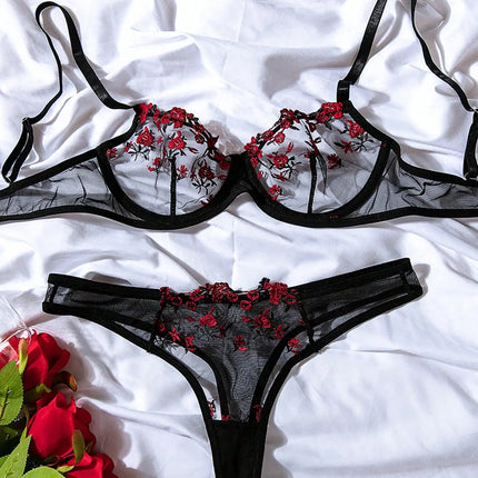 Women Floral Embroidory Underwear Set Sexy Lace Erotic Lingerie Female Bra And Brief Transparent Sensual Push Up Panty Patchwork