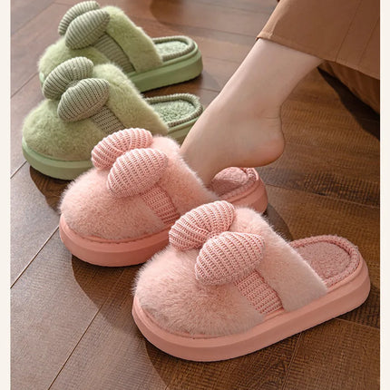 Women Fashion Plush Warm Bows Cotton Slippers Couple Winter New Thick Soft Sole Slides Men Indoor Floor Flat Home Non-slip Shoes