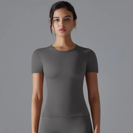 Women Running Sports T Shirt Summer Short Sleeve Round Neck Breathable Stretchy GYM Yoga Slim Fitness Active Top Tee