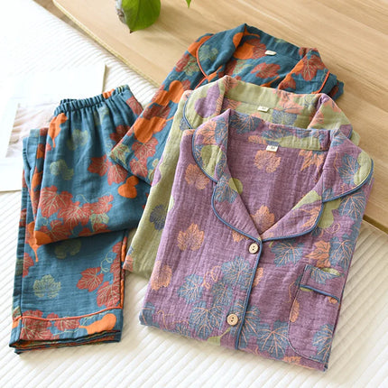 2024 Japanese Spring and Autumn New Women's Pajama Set 100% Cotton Vintage Long sleeved Pants Two Piece Set for Home Furnishings