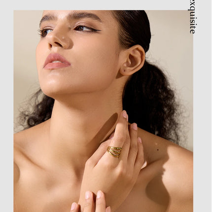 Yhpup Stainless Steel Geometric Hollow Layered Wide Ring Metal Texture Waterproof Daily Simple Stylish Golden Jewelry for Women