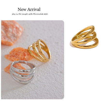 Yhpup Stainless Steel Geometric Hollow Layered Wide Ring Metal Texture Waterproof Daily Simple Stylish Golden Jewelry for Women
