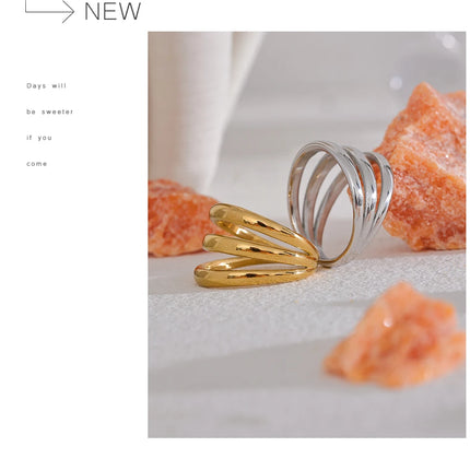 Yhpup Stainless Steel Geometric Hollow Layered Wide Ring Metal Texture Waterproof Daily Simple Stylish Golden Jewelry for Women