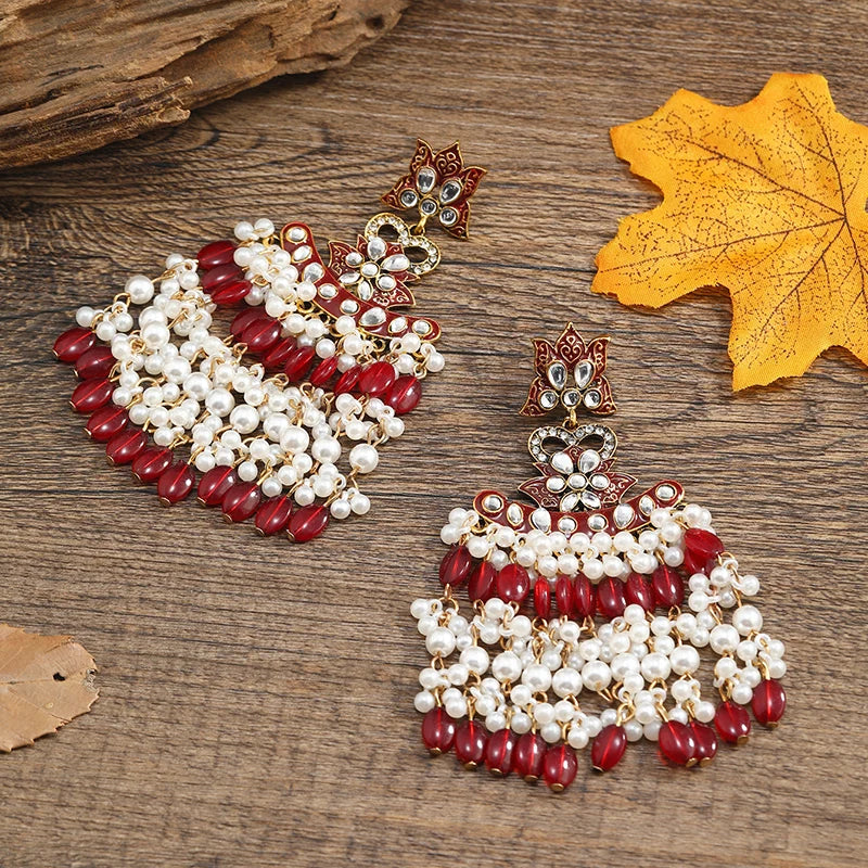 Middle Eastern Vintage Earrings Pearl Tassel Women's Earrings Half Round Flat Beads Colorful Cool Earrings