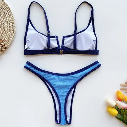 Splicing Denim V Shaped Thong Bikini Women Swimsuit Female Swimwear Two Pieces Bikini Set Bather Push Up Bathing Suit Swim Lady