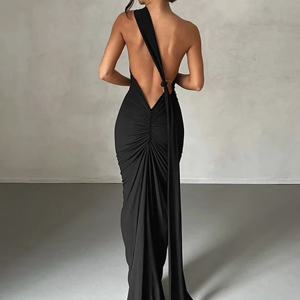 Hugcitar One Shoulder Backless Adjustable Scarf Loop Ruched Sexy Maxi Dress 2024 Women Elegant Y2K Streetwear Festival Outfit