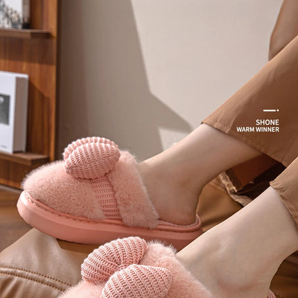Women Fashion Plush Warm Bows Cotton Slippers Couple Winter New Thick Soft Sole Slides Men Indoor Floor Flat Home Non-slip Shoes