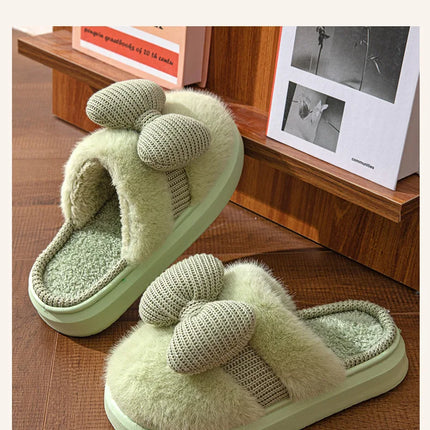 Women Fashion Plush Warm Bows Cotton Slippers Couple Winter New Thick Soft Sole Slides Men Indoor Floor Flat Home Non-slip Shoes