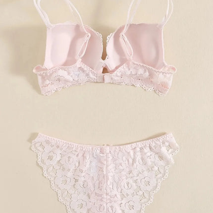 1 Set Elegant Erotic Lace Embroidery Breathable Fabric Lingeries : Push-Up Bra, Low Waist Sheer Panty - Ultimate Valentine's Day
