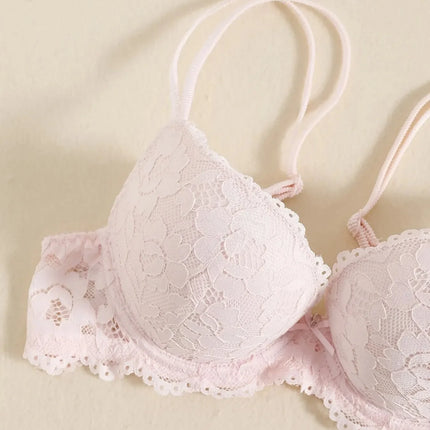 1 Set Elegant Erotic Lace Embroidery Breathable Fabric Lingeries : Push-Up Bra, Low Waist Sheer Panty - Ultimate Valentine's Day