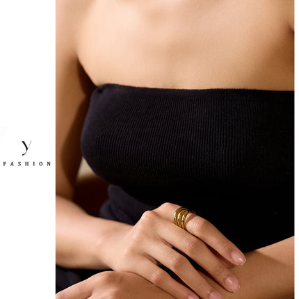 Yhpup Stainless Steel Geometric Hollow Layered Wide Ring Metal Texture Waterproof Daily Simple Stylish Golden Jewelry for Women