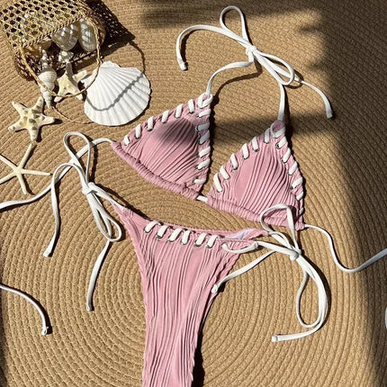 2025 Halter Wrinkled Weave Bikini Women Swimwear Female Swimsuit Two Pieces Bikini Set Brazilian Bathing Suit Swim Beach Wear