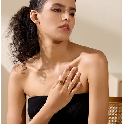 Yhpup Stainless Steel Geometric Hollow Layered Wide Ring Metal Texture Waterproof Daily Simple Stylish Golden Jewelry for Women