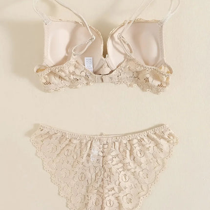 1 Set Elegant Erotic Lace Embroidery Breathable Fabric Lingeries : Push-Up Bra, Low Waist Sheer Panty - Ultimate Valentine's Day