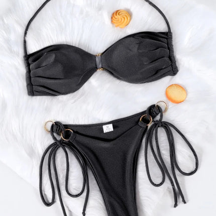 Solid Color Bikinis Push Up Swimwear Women Halter Bikini Set Shiny Swimsuit Push Up Bathing Suits Bandage Beachwear Thong