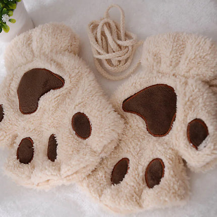 Cat Claw Gloves Winter Cute Cartoon Cat Girls Fingerless Gloves Thickened Velvet Bear Paw Half Finger Gloves