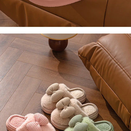 Women Fashion Plush Warm Bows Cotton Slippers Couple Winter New Thick Soft Sole Slides Men Indoor Floor Flat Home Non-slip Shoes