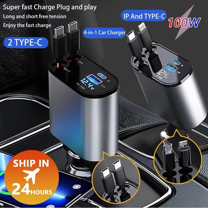 120W 4 IN 1 Car Charger with Retractable Cable and 2 USB Ports USB Type C Cigarette Lighter Adapter For IPhone Samsung Huawei