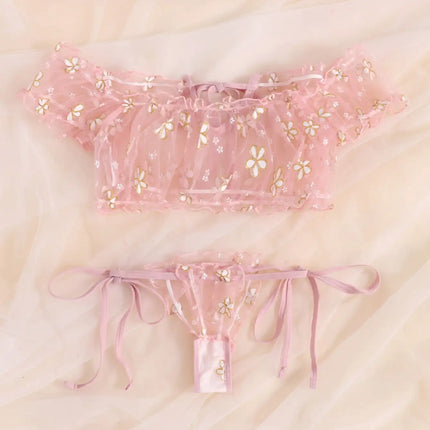 Sexy Fancy Lingerie Set 2 Pieces Transparent Halter Off Shoulder Women's Underwear Beautiful Daisy Print Bra And Panty Sets