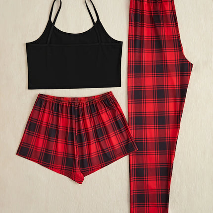 3Pcs Women's Pajama Set Camisole Shorts Trousers Three-Piece Bow Tie Home Wear Set Plaid Print Sleepwear for Women Christmas pjs
