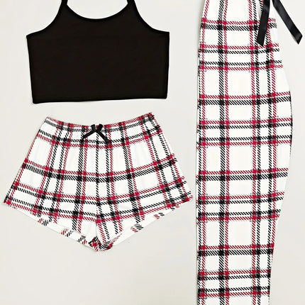 3Pcs Women's Pajama Set Camisole Shorts Trousers Three-Piece Bow Tie Home Wear Set Plaid Print Sleepwear for Women Christmas pjs