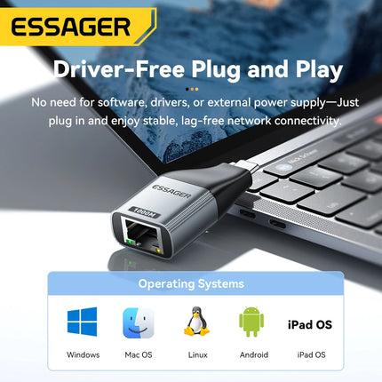 Essager Type-C to Ethernet Adapter 100/1000Mbps Gigabit High-Speed RJ45 To Type-c Adapter For MacBook Laptop Wired Network Card