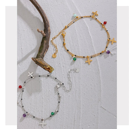 Yhpup Colorful Natural Stone Bead Flower Chain Stainless Steel Beach Anklet for Women Exquisite Summer Jewelry Bijoux Femme