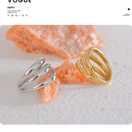 Yhpup Stainless Steel Geometric Hollow Layered Wide Ring Metal Texture Waterproof Daily Simple Stylish Golden Jewelry for Women
