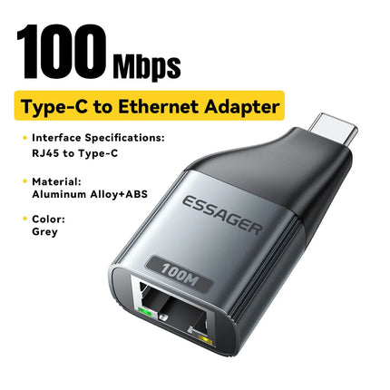 Essager Type-C to Ethernet Adapter 100/1000Mbps Gigabit High-Speed RJ45 To Type-c Adapter For MacBook Laptop Wired Network Card