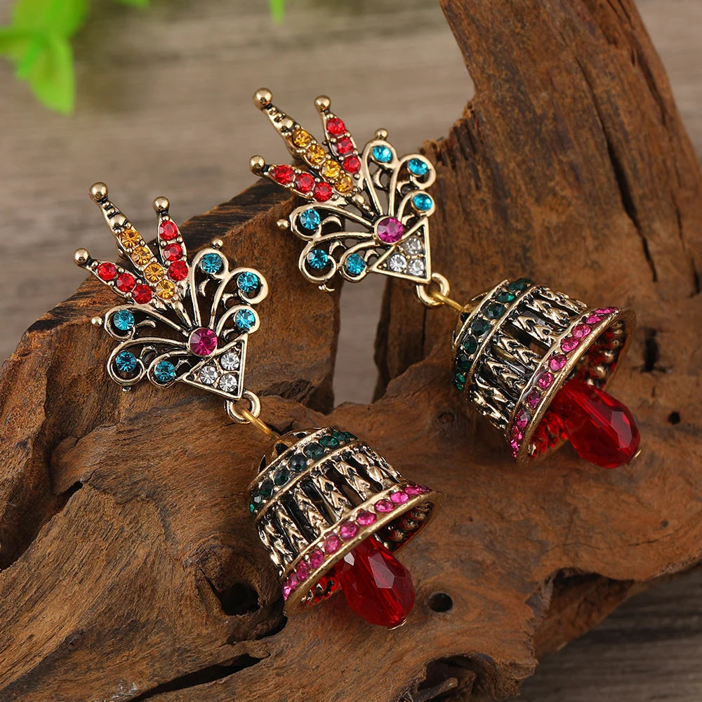 2pcs Women's Fashion Pendant Earrings Creative Retro Ethnic Style Long Bell Set with Colorful rhinestones Earrings Suitable for