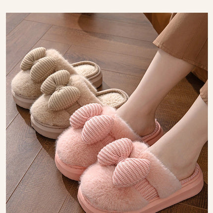 Women Fashion Plush Warm Bows Cotton Slippers Couple Winter New Thick Soft Sole Slides Men Indoor Floor Flat Home Non-slip Shoes
