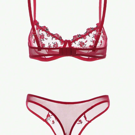 Women Floral Embroidory Underwear Set Sexy Lace Erotic Lingerie Female Bra And Brief Transparent Sensual Push Up Panty Patchwork