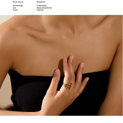 Yhpup Stainless Steel Geometric Hollow Layered Wide Ring Metal Texture Waterproof Daily Simple Stylish Golden Jewelry for Women