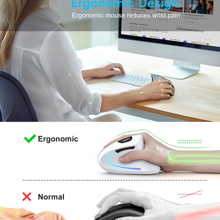 2025 New arrival HXSJ dual mode vertical mouse ergonomic ABS 600mAh rechargeable 2400DPI  Type-c interface wireless mouse for pc