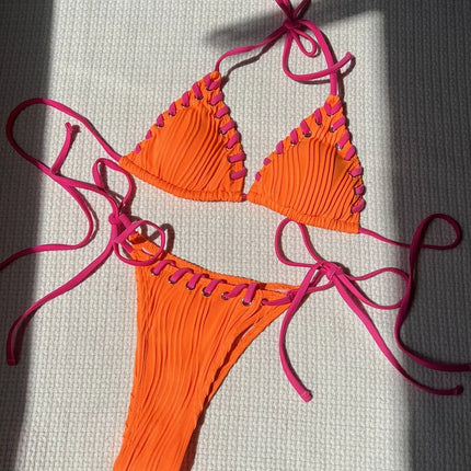 2025 Halter Wrinkled Weave Bikini Women Swimwear Female Swimsuit Two Pieces Bikini Set Brazilian Bathing Suit Swim Beach Wear