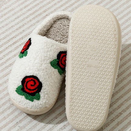 Women's Slippers Valentine's Day Rose Embroidery Fuzzy Romantic Love Comfy Flat Girl Valentine Gift Winter Home Shoes