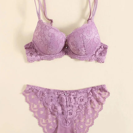 1 Set Elegant Erotic Lace Embroidery Breathable Fabric Lingeries : Push-Up Bra, Low Waist Sheer Panty - Ultimate Valentine's Day