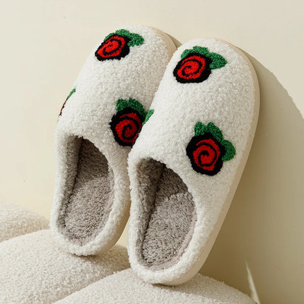 Women's Slippers Valentine's Day Rose Embroidery Fuzzy Romantic Love Comfy Flat Girl Valentine Gift Winter Home Shoes