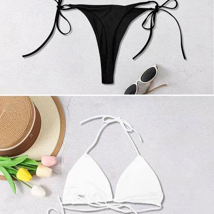 2025 New Women's Solid-color Separate Beach Wear Sexy Halter Three-point Bikini Backless Adjustable Lace-up Swimsuit