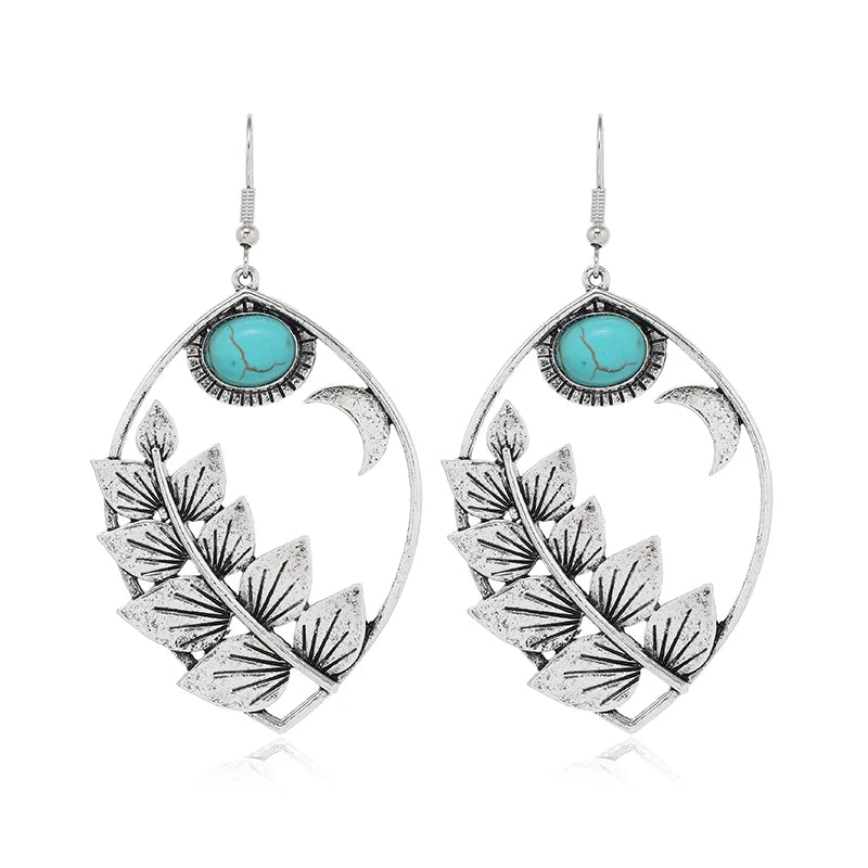 Retro European and American Bohemian leaf earrings, personalized and fashionable Western style turquoise earrings
