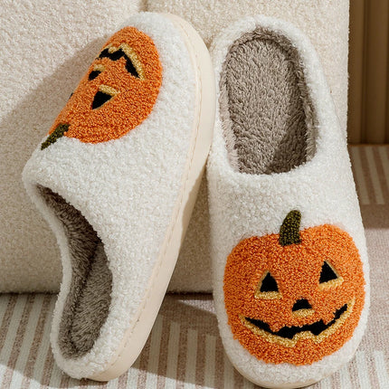 Smile Pumpkin Halloween Women's Slippers Winter Indoor Cartoon Comfort Home Bedroom Soft Causal Flat Plush Shoes for Gift